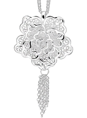 镂空复古雕花纯银牡丹花吊坠女士