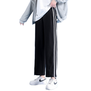 黑色运动裤女高腰垂感春秋冬季2025宽松束脚直筒阔腿两条杠休闲裤