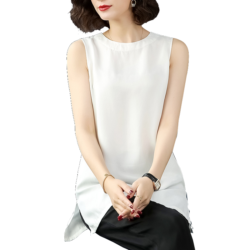 2025夏季新款重磅铜氨丝复古无袖长款开叉背心清凉丝滑宽松女T恤
