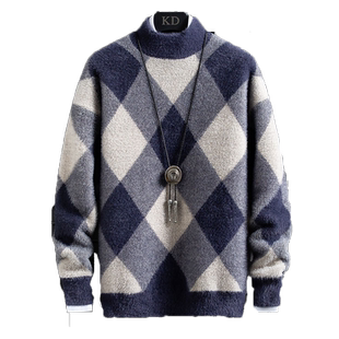 青少年水貂绒毛衣男加厚款冬季初中高中学生潮流半高领打底针织衫