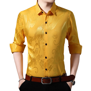 龙纹衬衫男士长袖中国风提花薄款上衣春季中年提花宽松休闲花衬衣