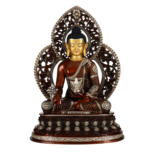 欧斯特 定制药师佛中式摆件 家居客厅紫铜手工镀金镀银三世佛15寸