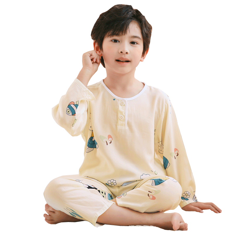 夏季棉绸儿童睡衣套装男童长袖薄款女童绵绸大童空调服小孩家居服