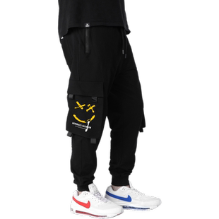 KERWATS大码男装笑脸潮牌印花小脚哈伦裤学生加大运动黑色工装裤