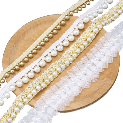 小香风钉珠蕾丝花边珍珠布料领口