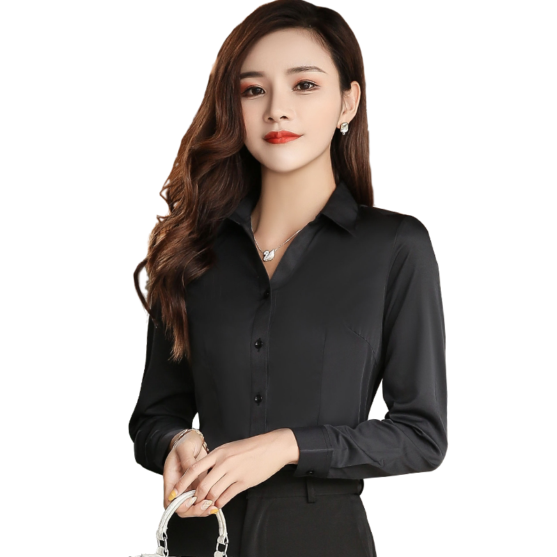 黑色长袖衬衫女职业衬衣春夏修身气质百搭工作服工装正装黑衬衣ol