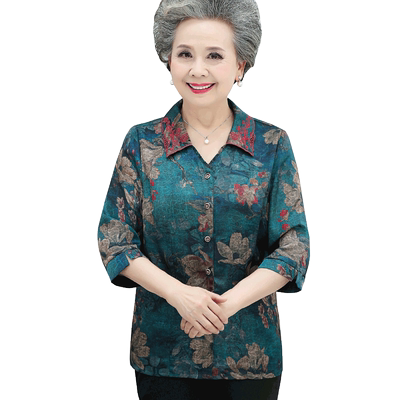 真丝缎衬衫老人加肥加大码夏装