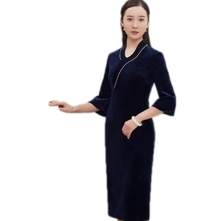 蝶恋春秋低领丝绒改良旗袍修身短款后拉链五分袖崔万志旗袍裙女