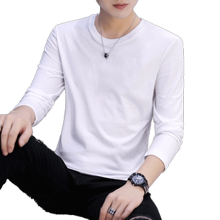 2件】男士长袖t恤男装纯棉衣服纯色潮流春季打底衫白圆领体恤秋衣