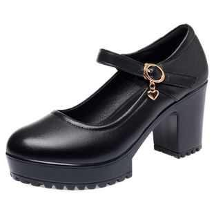 真皮旗袍模特走秀鞋粗跟高跟鞋女鞋厚底软底圆头单鞋中年女士皮鞋