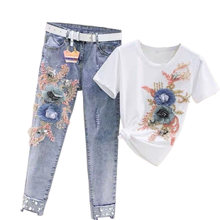 欧洲站2025春夏新款韩版重工钉珠刺绣短袖+小脚破洞牛仔裤套装女