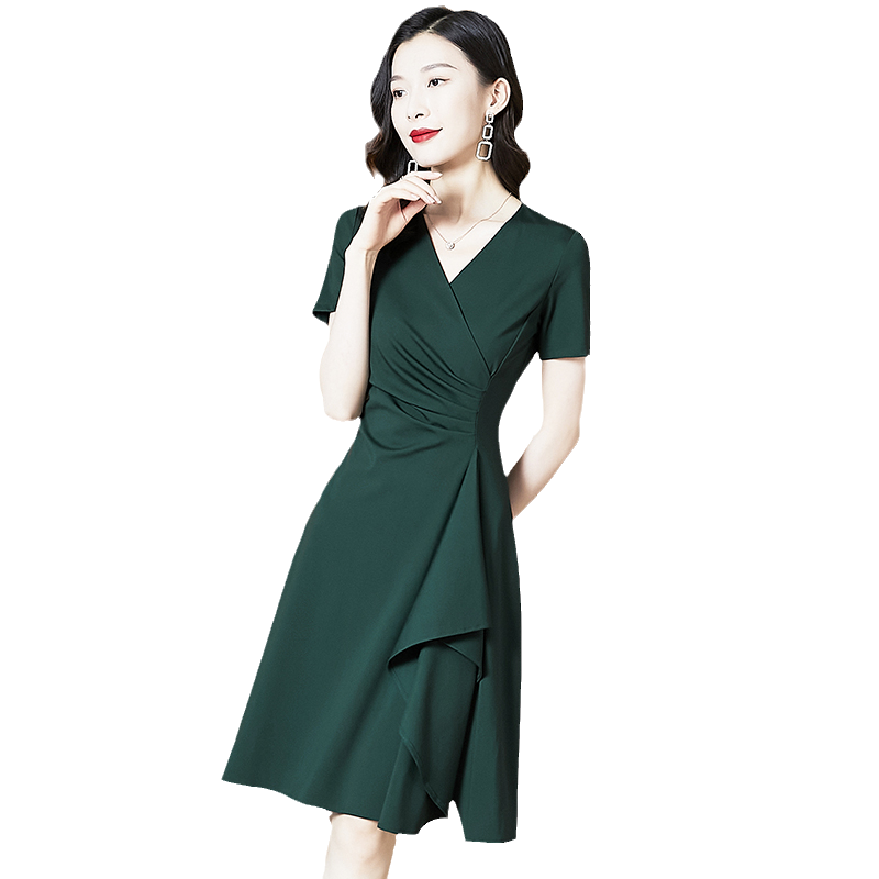2025年新款夏季墨绿色复古气质v领收腰显瘦荷叶边赫本风连衣裙女