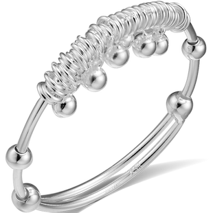 九乐民族风999银手镯女推拉款铃铛复古手环光面实心伸缩手链