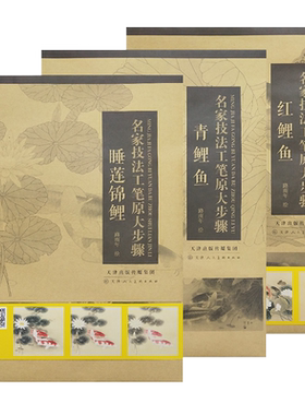路雨年名家技法工笔白描原大步骤红鲤鱼青鲤鱼睡莲锦鲤全三册 工笔鲤鱼底稿上色放大两开绘画教程 天津人美