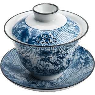 发烧陶青花盖碗单个景德镇三才碗陶瓷大号茶碗大容量家用泡茶青瓷