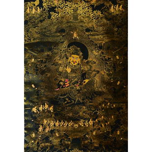 西藏镀金烫金唐卡客厅装饰画壁画财宝天王黑卡 财宝天王玄关挂画