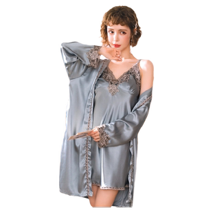 春秋睡衣女性感两件套冰丝质吊带睡裙夏天丝绸女士睡袍夏季家居服