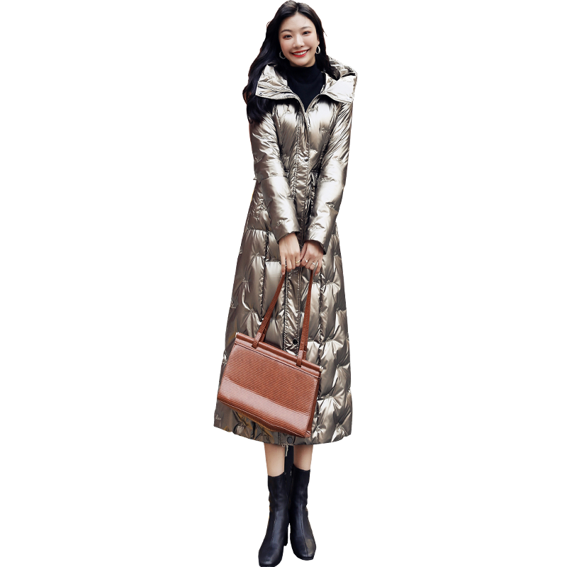 亮面免洗中长款羽绒服女高级感冬新款立领连帽过膝白鸭绒保暖6086