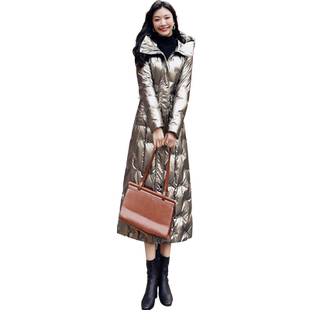 亮面免洗中长款羽绒服女高级感冬新款立领连帽过膝白鸭绒保暖6086