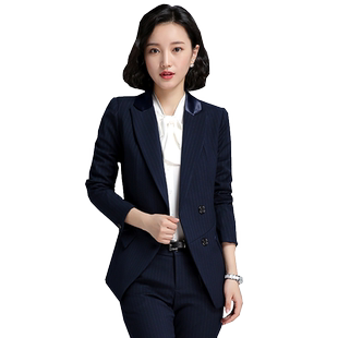 诗璐雅时尚蓝色西装套装女英伦风洋气缎面条纹职业正装三件套秋冬