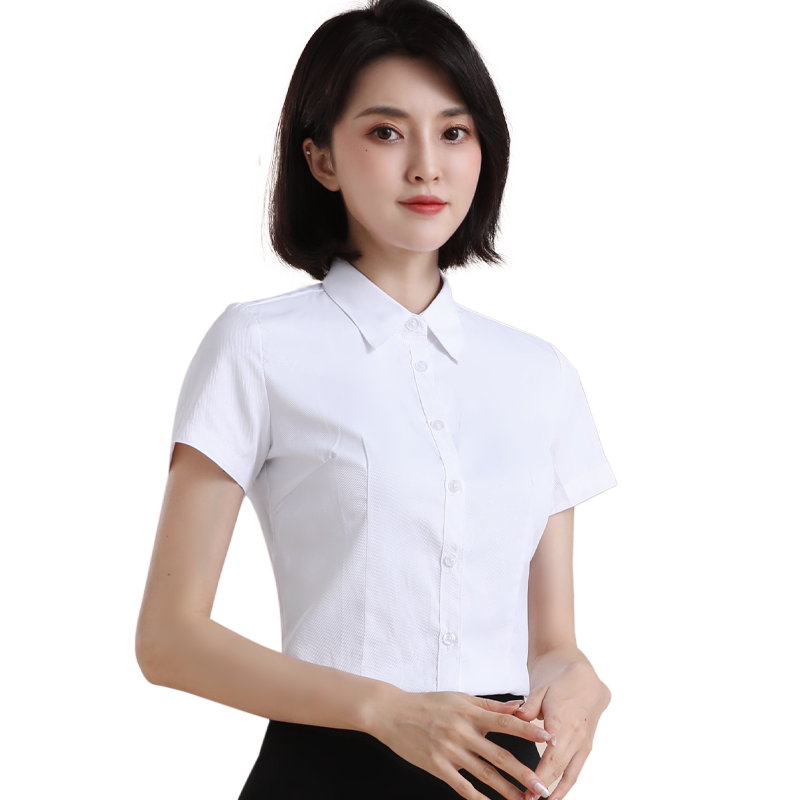 白色衬衫女短袖宽松春夏工作服正装工装大码职业装薄款黑蓝色衬衣