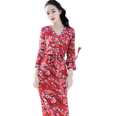 修身风中袖雪纺越南芽庄连衣长裙