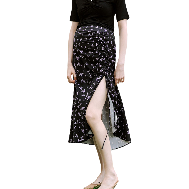 优密儿夏装碎花开叉宽松半身裙