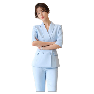 蓝色小西装女2026年春秋新款职业套装正装五分袖大码垂感西服外套