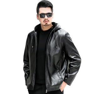 秋冬季男士皮衣加绒加厚连帽骑行机车外套中老年人皮夹克爸爸冬装