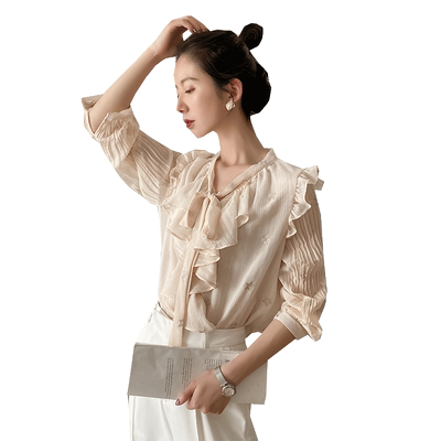 高级感雪纺衬衫荷叶边刺绣