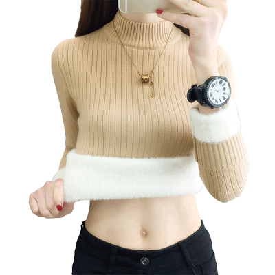 一体绒半高领毛衣女针织加