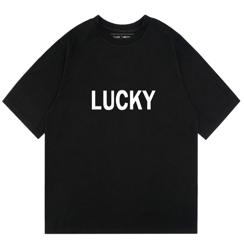 2025春夏季新款lucky幸运韩国同款短袖T恤女黑色纯棉宽松半袖潮