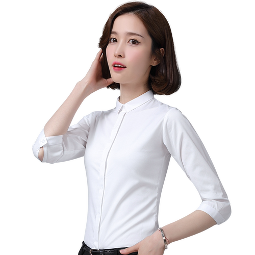 白色衬衫女半袖上衣新款七分袖工作服职业商务工装小领半袖衬衣