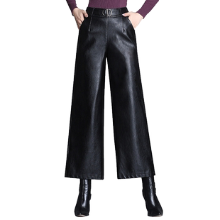 皮裤女秋冬直筒阔腿裤九分裤冬季加厚加绒打底外穿靴裤pu皮直筒裤