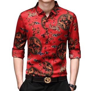 春季中年长袖衬衫中国风男士绸缎春秋爸爸装2025新款男红色花衬衣