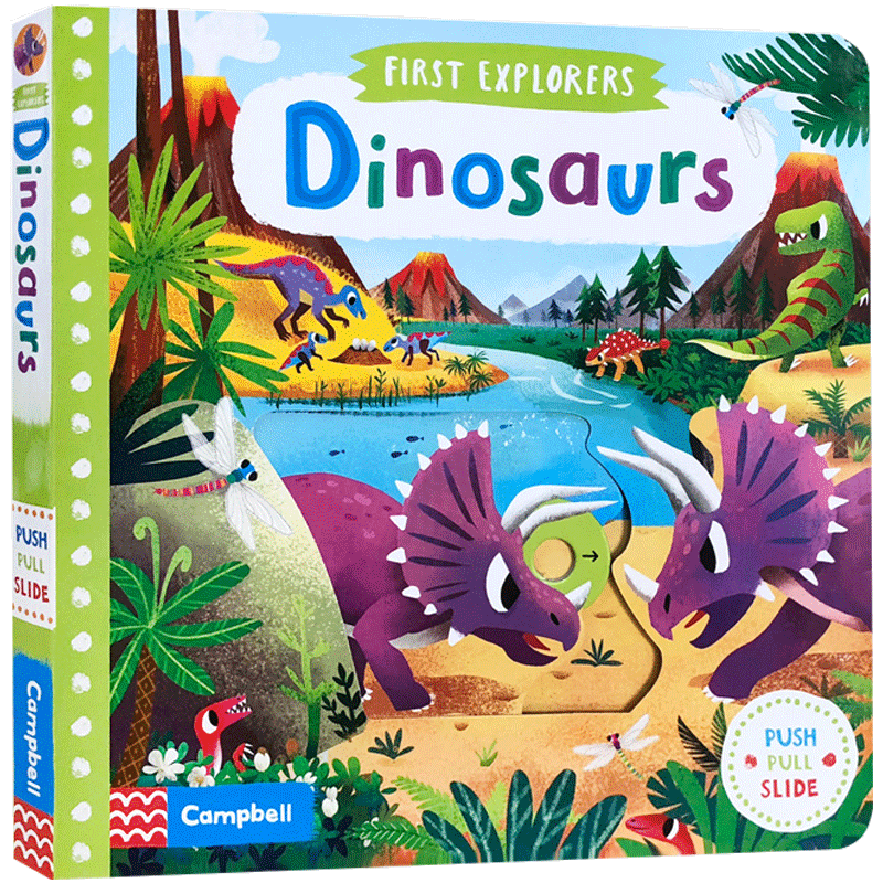 英文原版First Explorers系列： Dinosaurs小小探索家 恐龙 儿童史前生物知识科普 推拉滑动机关操作纸板书幼儿认知趣味玩具书