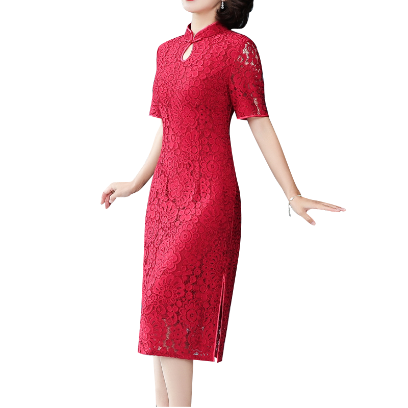 蕾丝喜庆婚宴红色连衣裙改良旗袍