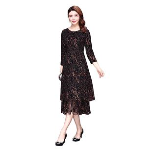 香妮芬2025秋季新款蕾丝妈妈连衣裙晚会过膝收腰修身减龄时尚女装