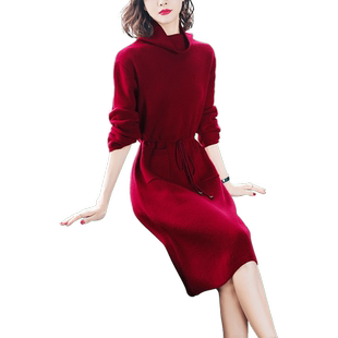 红色连衣裙冬季气质修身高端洋气高领冬裙女针织妈妈毛衣裙中长款