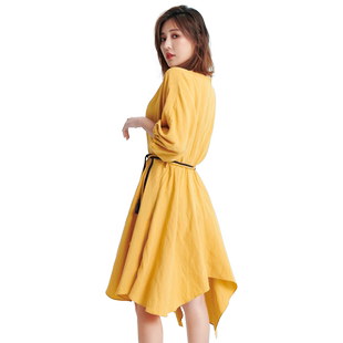 UGIZ夏季新品韩版女装纯色不规则七分袖中长款连衣裙UBOE910