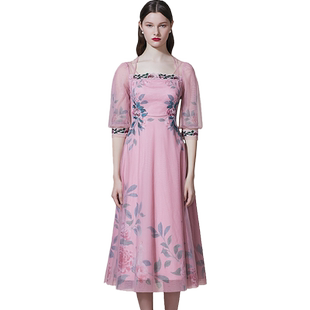 SUSSI/古色商场同款粉色短减龄温柔仙女印花连衣裙女