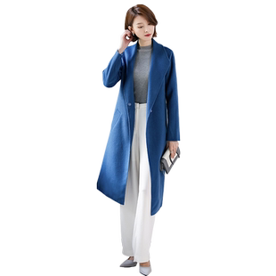 反季清仓水波纹双面呢大衣女过膝长款翻领修身秋冬加厚羊毛呢大衣