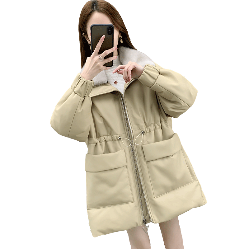 中长款宽松水貂毛领真皮羽绒服