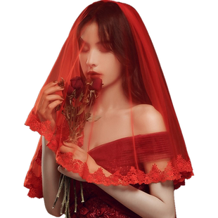 新娘头纱红色蕾丝结婚纱秀禾服红盖头中式复古风刺绣网纱蒙头喜帕
