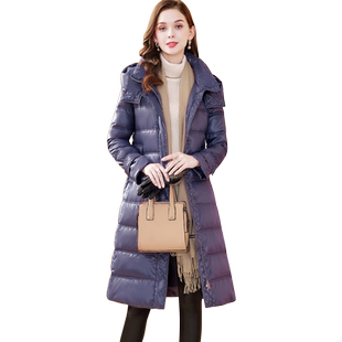 茗思时尚连帽羽绒服女士2025冬季新款中长款休闲过膝御寒羽绒外套