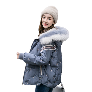 小个子雾霾蓝色拼接羽绒服女款品牌女装韩版女士时尚显瘦毛领外套