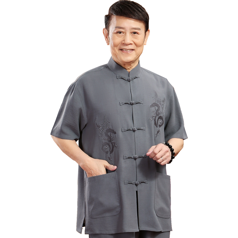 中国风唐装男短袖棉亚麻套装中老年人刺绣居士服中式汉服爸爸夏装