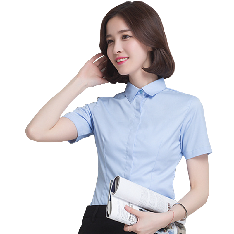 夏季藍色職業(yè)襯衫女短袖職業(yè)裝工作服正裝工裝寸衫女白襯衣女春夏