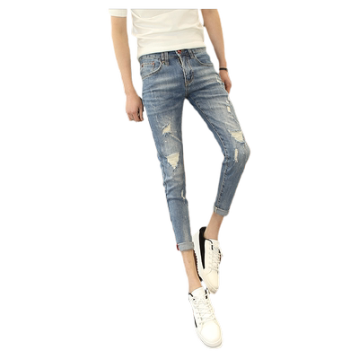 破洞牛仔裤修身百搭九分裤