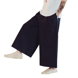 秋季中式禅意休闲裤宽松直筒阔腿裤麻料男士裙裤老粗布禅修长裤子